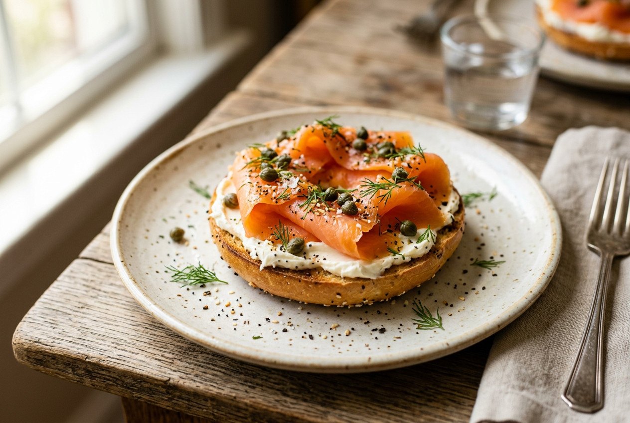 An open bagel with cream cheese, smoked salmon, capers and dill